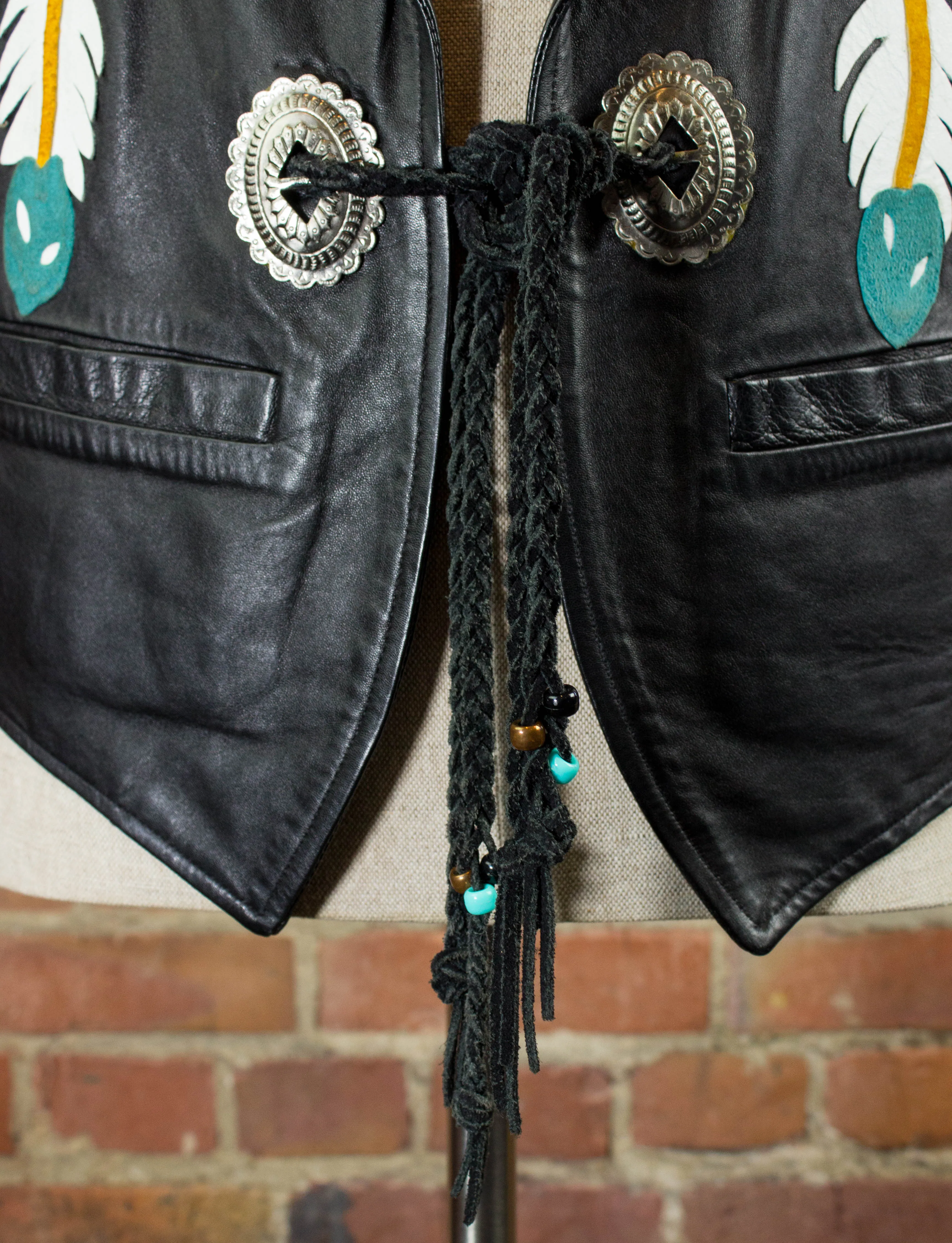 Vintage Black Leather Native American Style Vest Unisex Medium